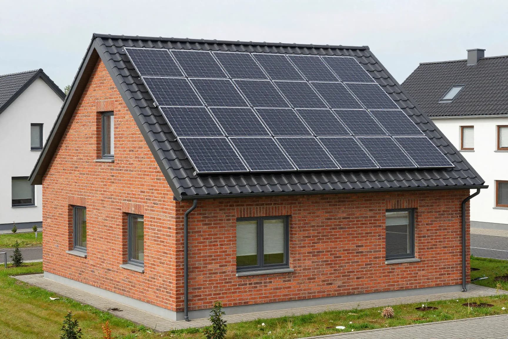 Neu gebautes Einfamilienhaus mit roter Klinkerfassade und Satteldach; auf der Dachfläche ein geschlossenes Feld schwarzer Solarmodule