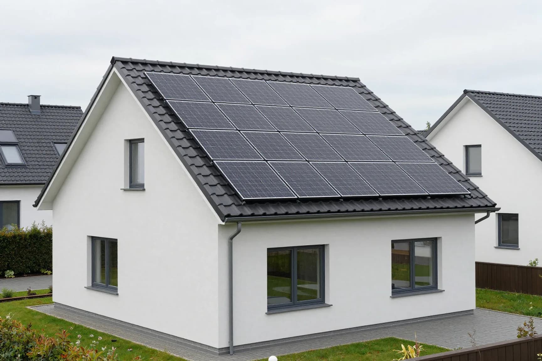 Neu gebautes, hell verputztes Einfamilienhaus mit Satteldach; auf der Dachfläche ein geschlossenes Feld schwarzer Solarmodule